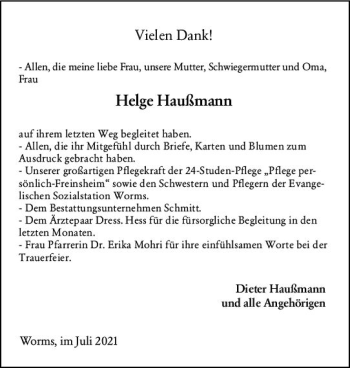 Traueranzeige von Helge Haußmann von vrm-trauer
