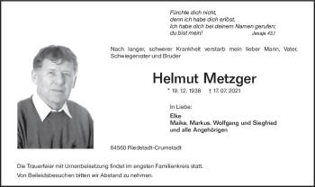 Traueranzeige von Helmut Metzger von vrm-trauer