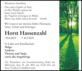 Traueranzeige von Horst Hassenzahl von vrm-trauer
