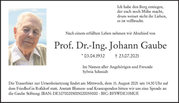Traueranzeige von Johann Gaube von vrm-trauer