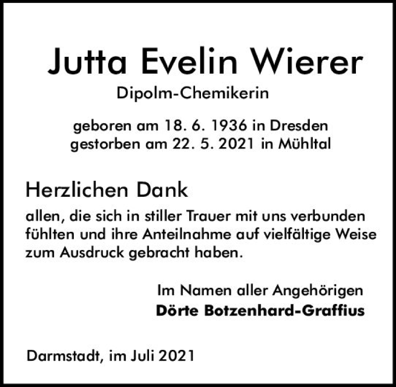  Traueranzeige für Jutta Evelin Wierer vom 10.07.2021 aus vrm-trauer