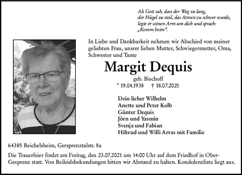  Traueranzeige für Margit Dequis vom 21.07.2021 aus vrm-trauer