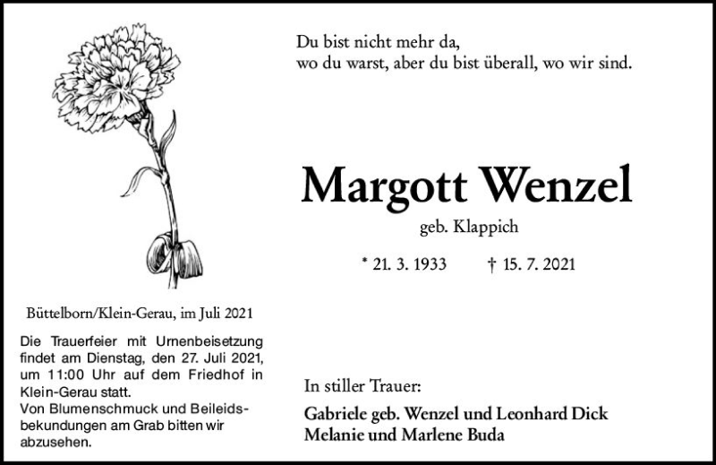  Traueranzeige für Nargott Wenzel vom 24.07.2021 aus vrm-trauer