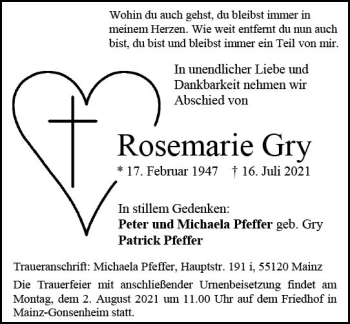 Traueranzeige von Rosemarie Gry von vrm-trauer