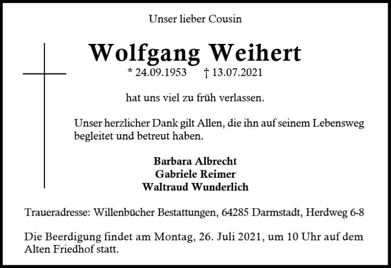  Traueranzeige für Wolfgang Weihen vom 24.07.2021 aus vrm-trauer