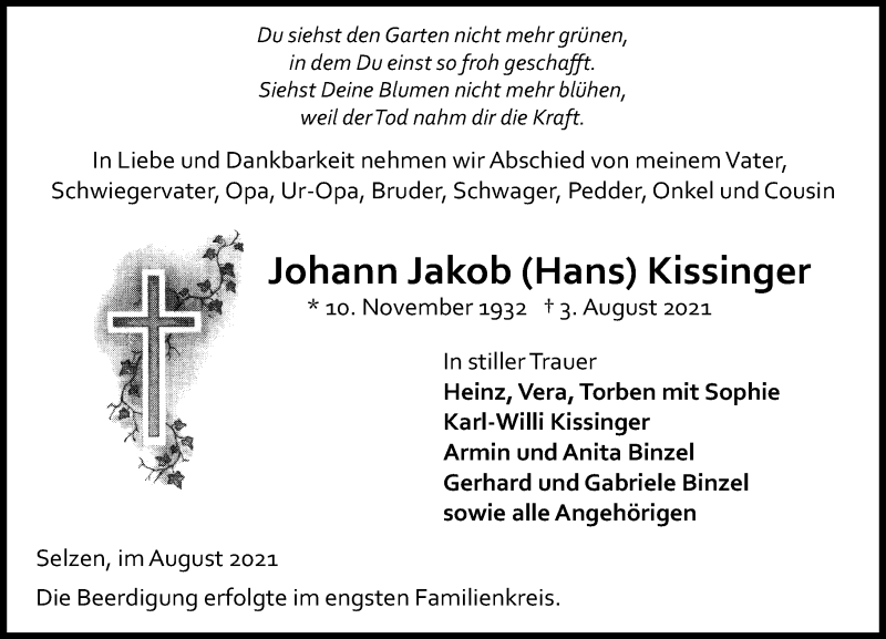  Traueranzeige für Johann Jakob (Hans) Kissinger vom 07.08.2021 aus VRM Tageszeitungen