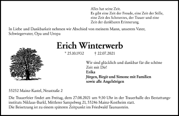 Traueranzeige von Erich Winterwerb von VRM Tageszeitungen