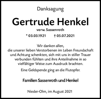 Traueranzeige von Gertrude Henkel von vrm-trauer