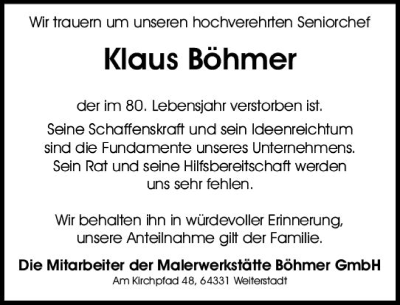  Traueranzeige für Klaus Böhmer vom 14.08.2021 aus vrm-trauer