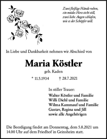 Traueranzeige von Maria Köstler von vrm-trauer