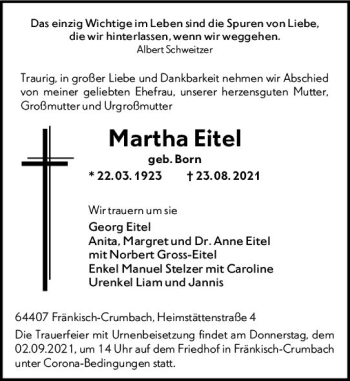 Traueranzeige von Martha Eitel von vrm-trauer