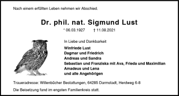 Traueranzeige von Sigmund Lust von vrm-trauer