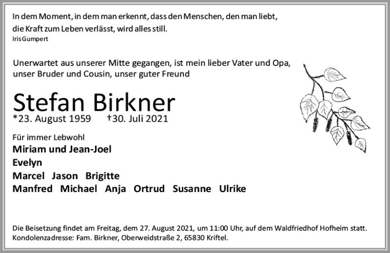  Traueranzeige für Stefan Birkner vom 24.08.2021 aus vrm-trauer
