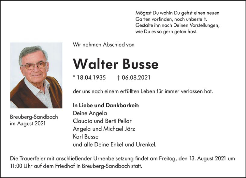  Traueranzeige für Walter Busse vom 11.08.2021 aus vrm-trauer