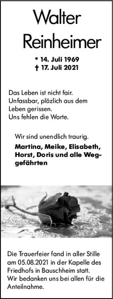  Traueranzeige für Walter Reinheimer vom 07.08.2021 aus vrm-trauer