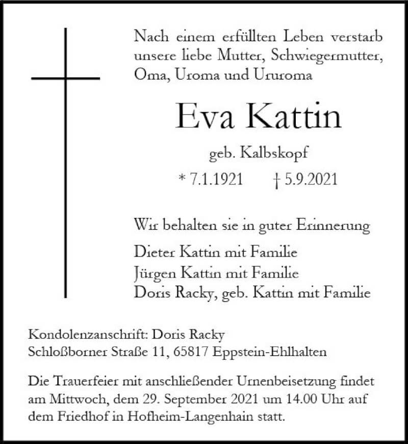  Traueranzeige für Eva Kattin vom 17.09.2021 aus vrm-trauer