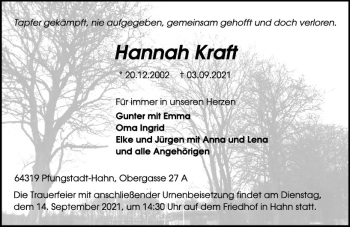 Traueranzeige von Hannah Kraft von vrm-trauer