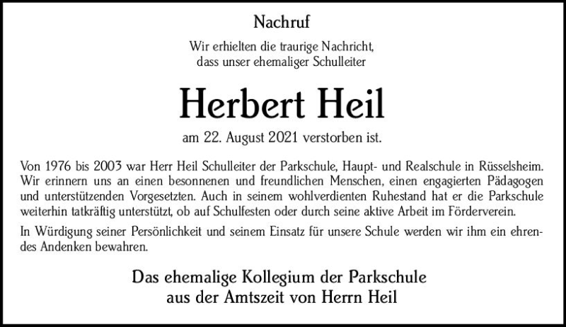  Traueranzeige für Herbert Heil vom 08.09.2021 aus vrm-trauer
