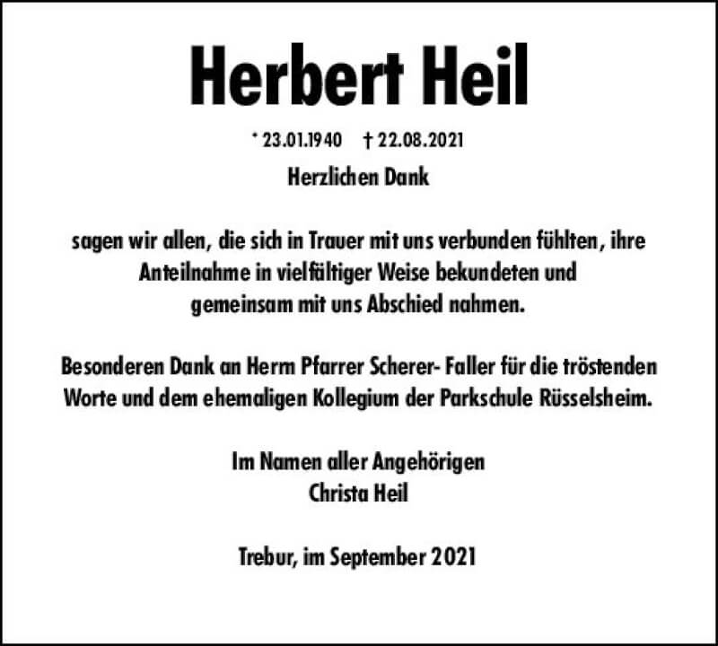  Traueranzeige für Herbert Heil vom 18.09.2021 aus vrm-trauer