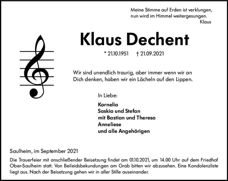  Traueranzeige für Klaus Dechent vom 29.09.2021 aus vrm-trauer