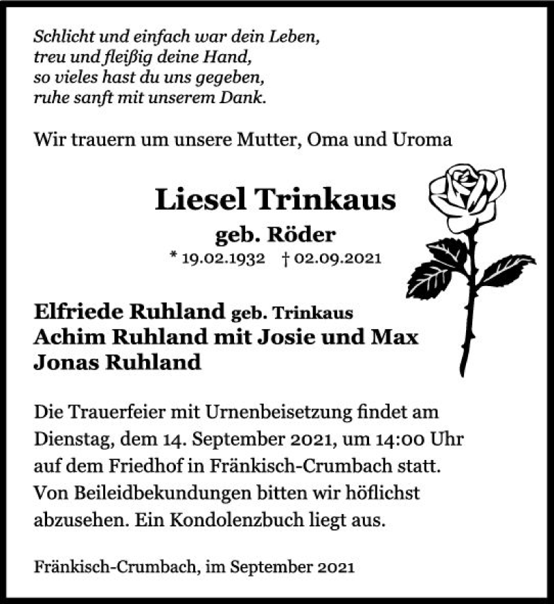  Traueranzeige für Liesel Trinkaus vom 10.09.2021 aus vrm-trauer