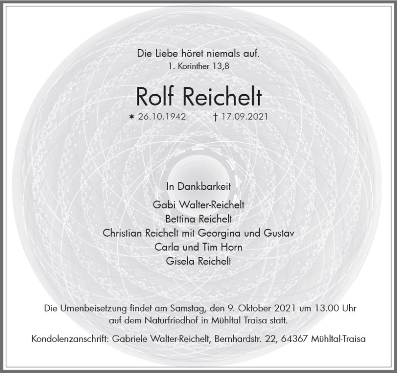  Traueranzeige für Rolf Reichert vom 25.09.2021 aus vrm-trauer