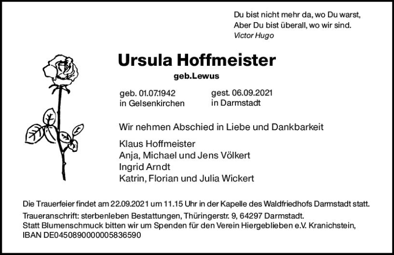  Traueranzeige für Ursula Hoffmeister vom 15.09.2021 aus vrm-trauer
