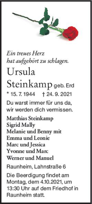 Traueranzeige von Ursula Steinkamp von vrm-trauer