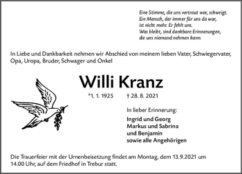 Traueranzeige von Willi Kranz von vrm-trauer