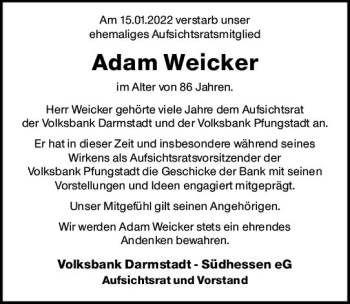 Traueranzeige von Adam Weicker von vrm-trauer Darmstädter Echo