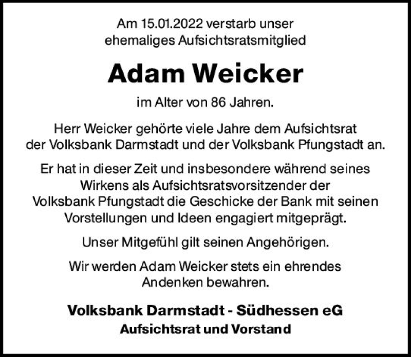  Traueranzeige für Adam Weicker vom 21.01.2022 aus vrm-trauer Darmstädter Echo