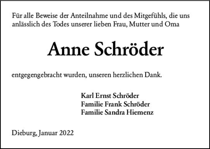  Traueranzeige für Anne Schröder vom 08.01.2022 aus vrm-trauer DieburgerAnzeiger/Groß-Zimmerner Lokala