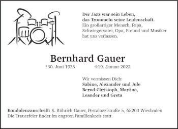 Traueranzeige von Bernhard Gauer von vrm-trauer Wiesbadener Kurier
