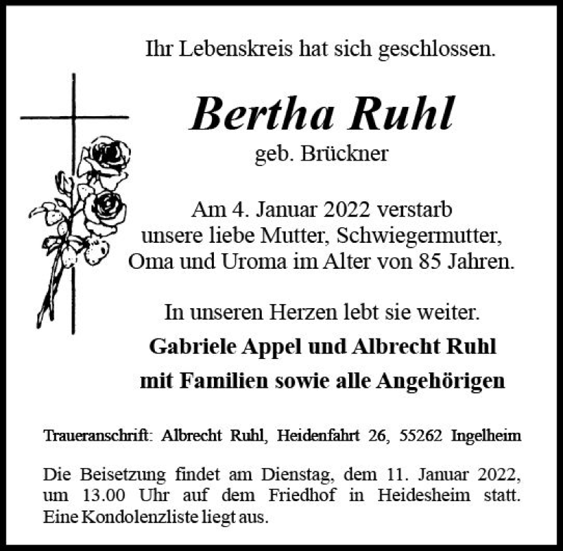  Traueranzeige für Bertha Ruhl vom 08.01.2022 aus vrm-trauer Allgemeine  Zeitung Ingelheim-Bingen