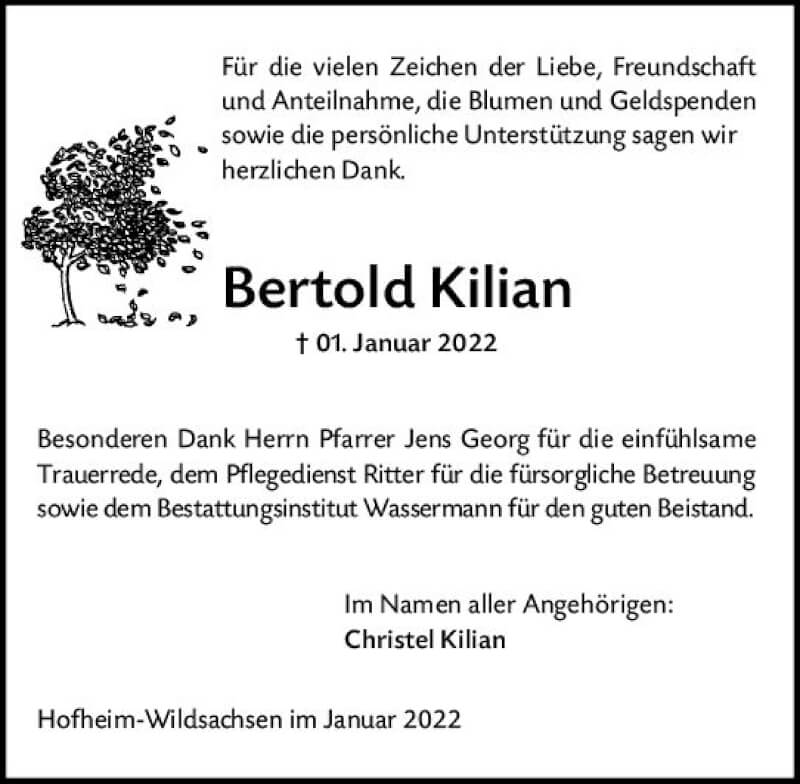  Traueranzeige für Bertold Kilian vom 29.01.2022 aus vrm-trauer Wiesbadener Kurier