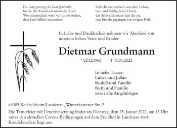Traueranzeige von Dietmar Grundmann von vrm-trauer Odenwälder Echo