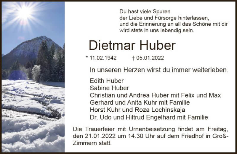  Traueranzeige für Dietmar Huber vom 15.01.2022 aus vrm-trauer DieburgerAnzeiger/Groß-Zimmerner Lokala