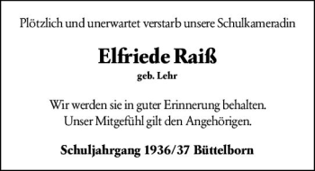 Traueranzeige von Elfriede Raiß von vrm-trauer Groß-Gerauer Echo