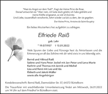 Traueranzeige von Elfriede Raiß von vrm-trauer Groß-Gerauer Echo
