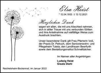 Traueranzeige von Elsa Heist von vrm-trauer Odenwälder Echo
