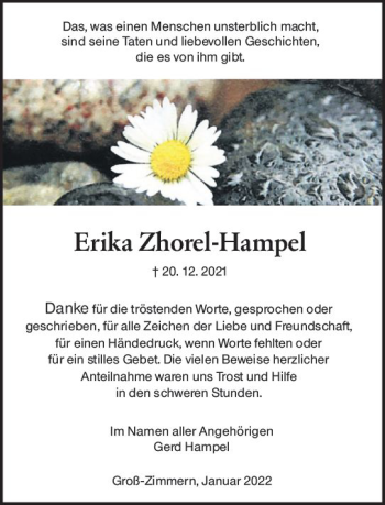 Traueranzeige von Erika Zhorel-Hampel von vrm-trauer DieburgerAnzeiger/Groß-Zimmerner Lokala