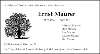 Traueranzeige von Ernst Maurer von vrm-trauer Darmstädter Echo