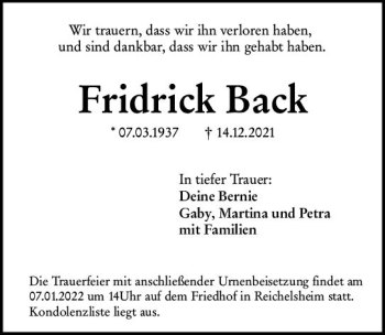 Traueranzeige von Fridrick Back von vrm-trauer Odenwälder Echo