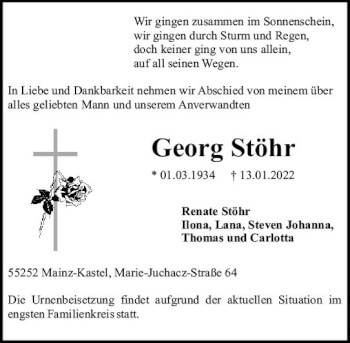 Traueranzeige von Georg Stöhr von vrm-trauer Wiesbadener Kurier