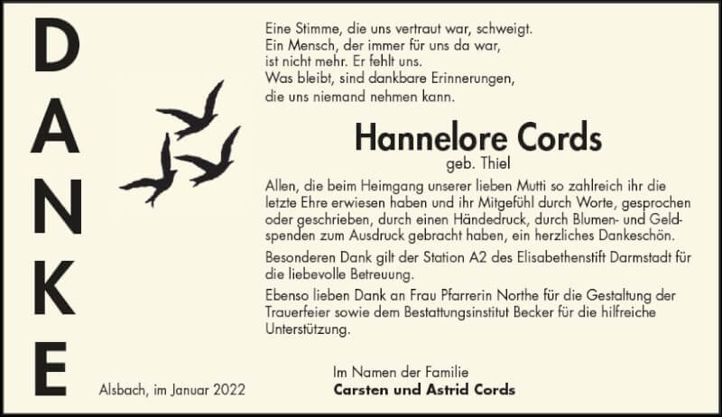  Traueranzeige für Hannelore Cords vom 29.01.2022 aus vrm-trauer Bergsträßer Anzeiger