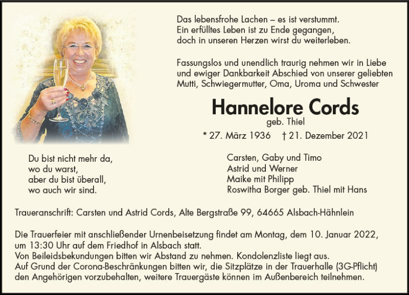  Traueranzeige für Hannelore Cords vom 08.01.2022 aus vrm-trauer Bergsträßer Anzeiger