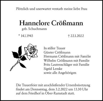 Traueranzeige von Hannelore Crößmann von vrm-trauer Darmstädter Echo