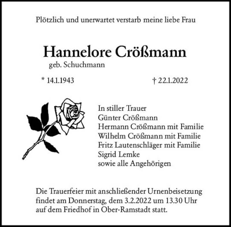  Traueranzeige für Hannelore Crößmann vom 29.01.2022 aus vrm-trauer Darmstädter Echo