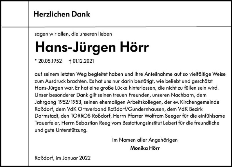  Traueranzeige für Hans-Jürgen Hörr vom 08.01.2022 aus vrm-trauer Darmstädter Echo