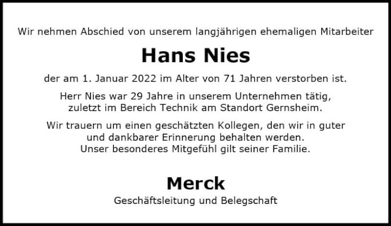  Traueranzeige für Hans Nies vom 15.01.2022 aus vrm-trauer Darmstädter Echo
